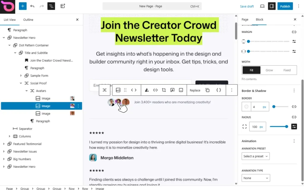 Ollie block theme page elements