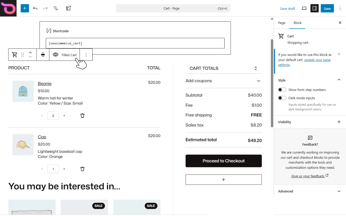 Block vs shortcode cart