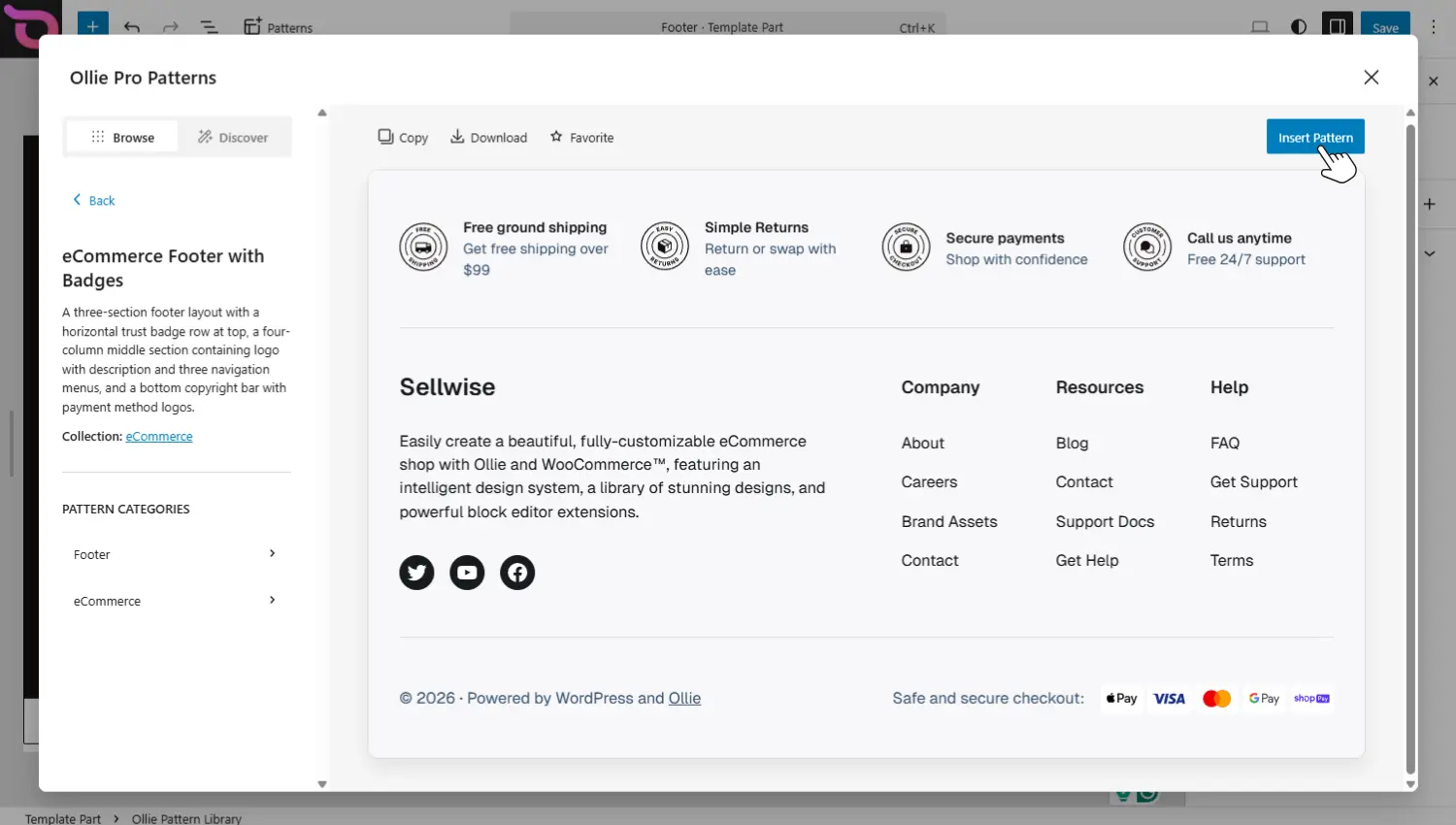 Add footer pattern to template part