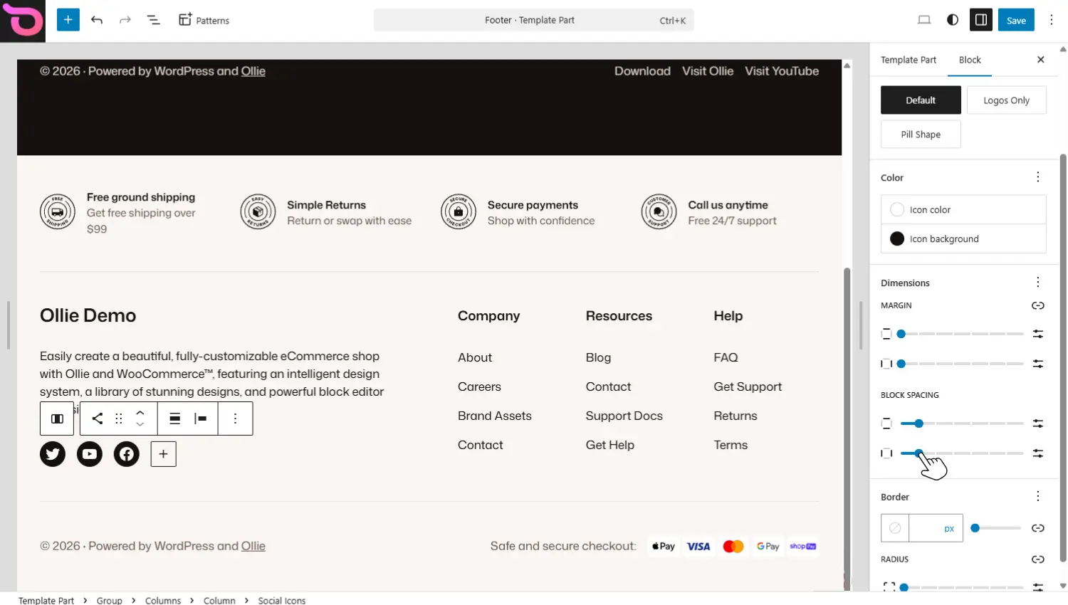 Customize footer blocks