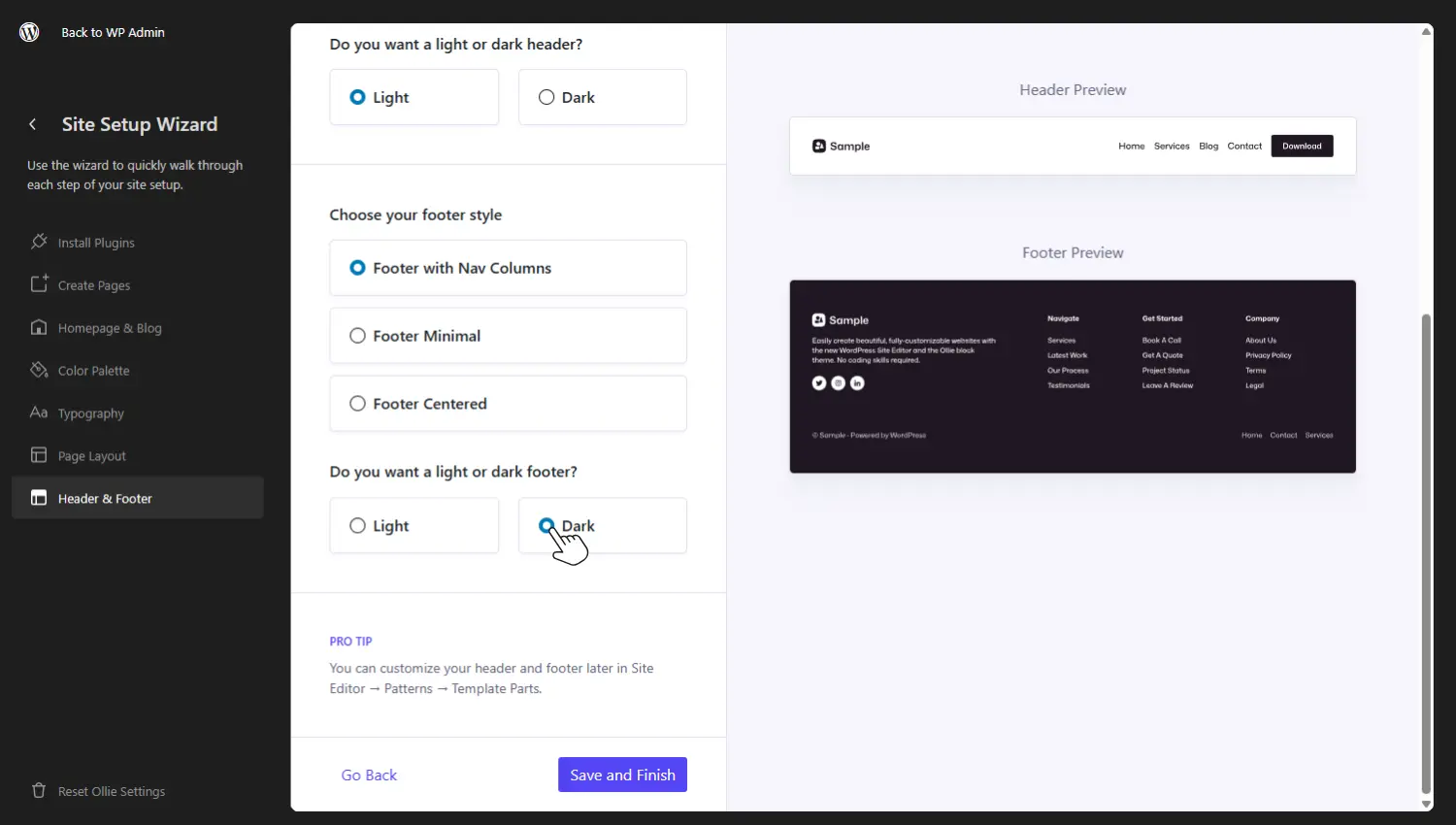 Site setup wizard footer