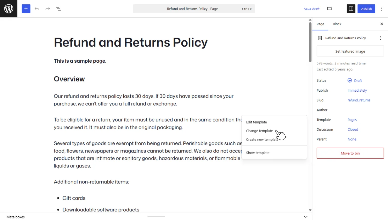 Change wordpress template