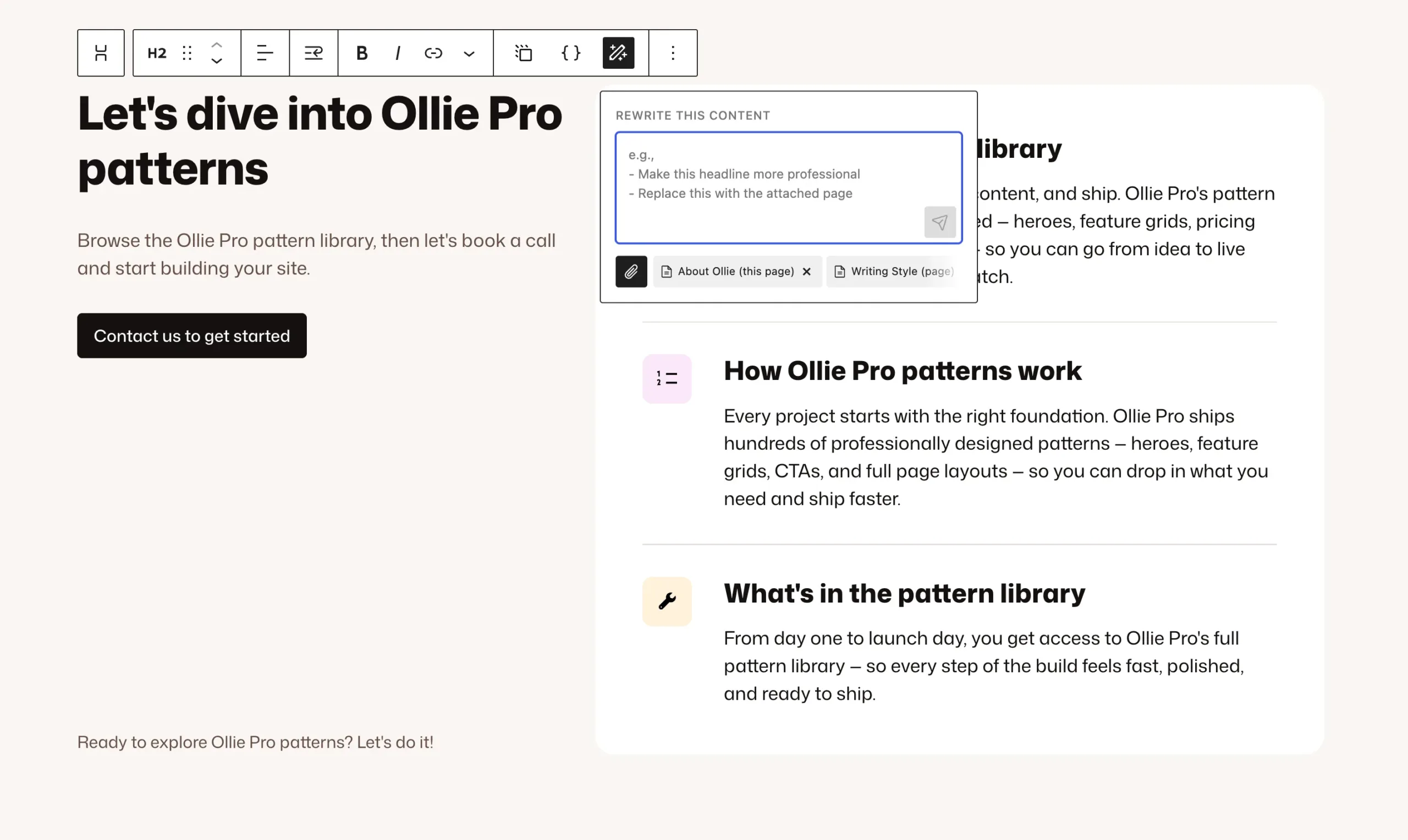 Ollie ai content editing toolbar