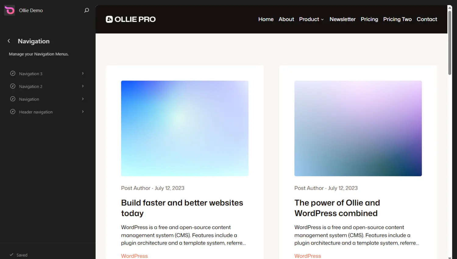 Site editor navigation menu