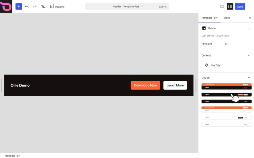Edit menu wordpress ollie
